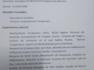 Empleada doméstico y acompañante terapéutico ( cuidados de adultos)