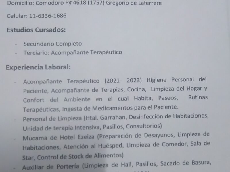 Empleada doméstico y acompañante terapéutico ( cuidados de adultos)